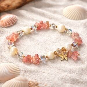 Freshwater Pearl & Pink Gemstone Stretch Bracelet Crystal Beads Starfish